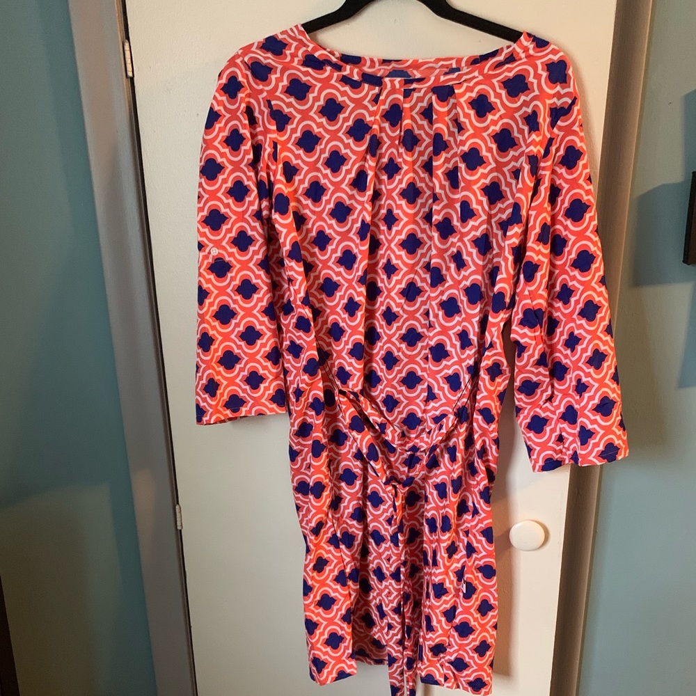 Moroccan Print Dress, Roll tab sleeves, self tie